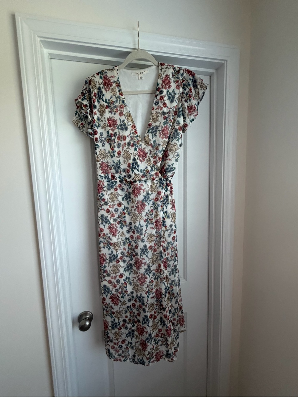 miami Cream Floral Wrap Midi Dress with Tie Waist